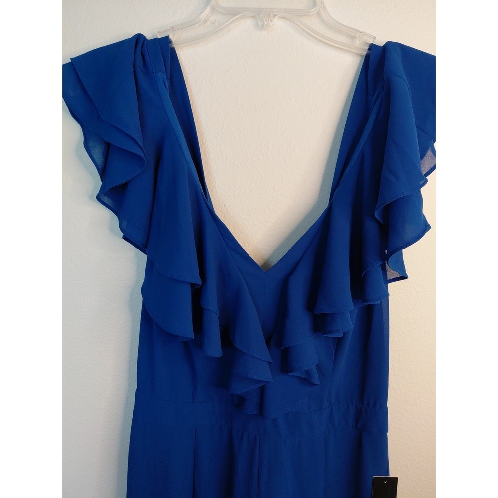 Lulus Ruffle Front Wide Leg Jumpsuit Size M Blue Cap Sleeve Peasant Preppy Party